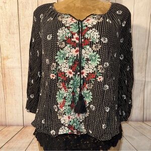 Style & Co. Black Floral Blouse with Tassel tire & crochet lace hem, sz M​
